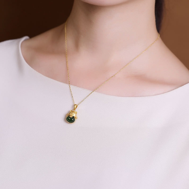 Collier chat et pierre de Jade vert