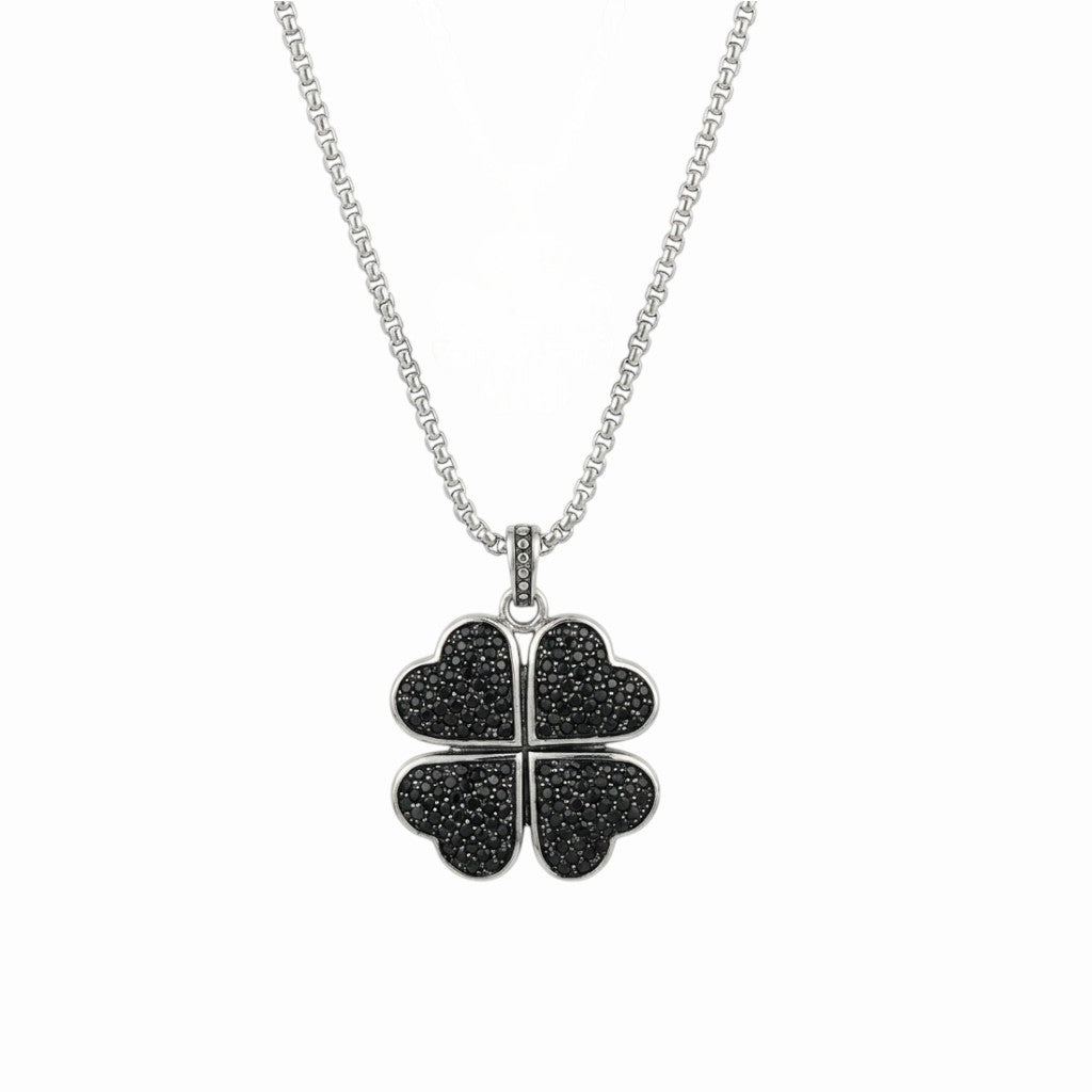 Collier Ciré Noir – Pendentif Trèfle 19x16 Mm – Neuf Sans Emballage