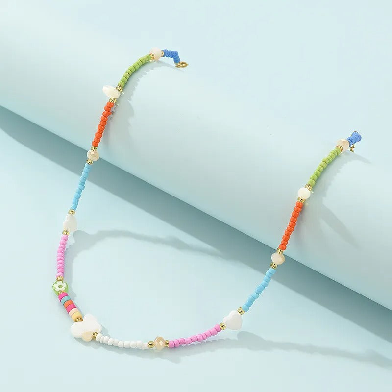 Collier Perles Colorées Avec Croix - Pendentif Cœur - Longueur Réglable 38-43 Cm - Cadeau Communion, Baptême, Noël