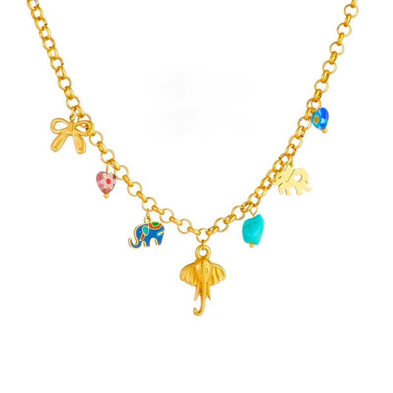 Collier pampilles doré éléphant et perles colorées