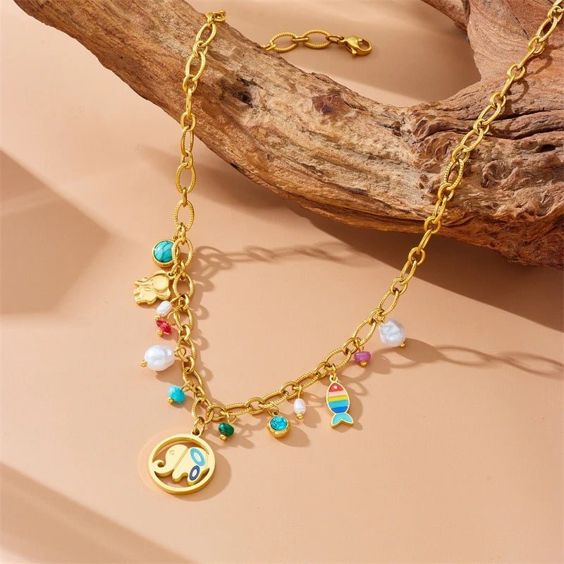 Collier pampilles doré éléphant et perles colorées