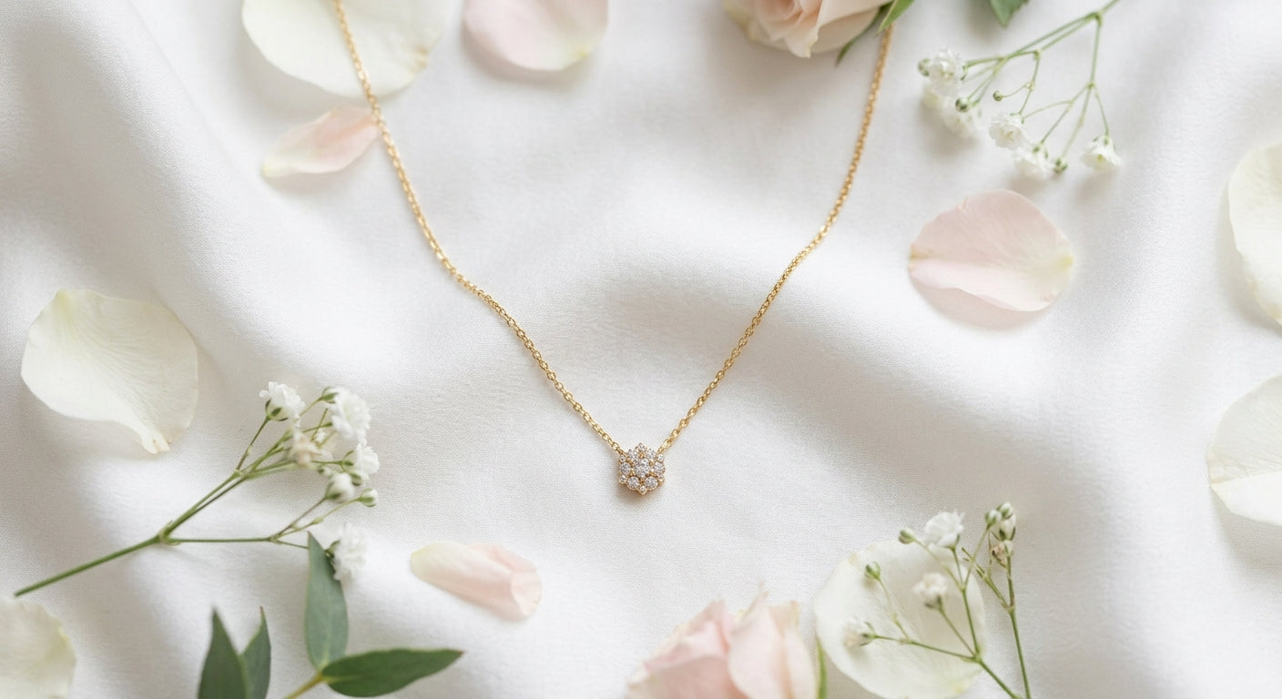 collier doré délicat pour cérémonie de mariage sur fond blanc élégant Image