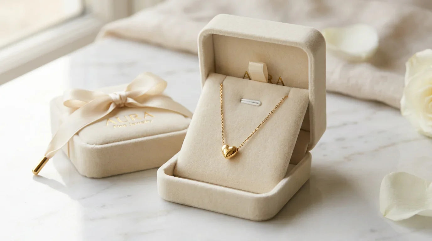 Coffret bijou élégant avec collier pendentif cœur sur marbre blanc — guide cadeau La Raffinée Image