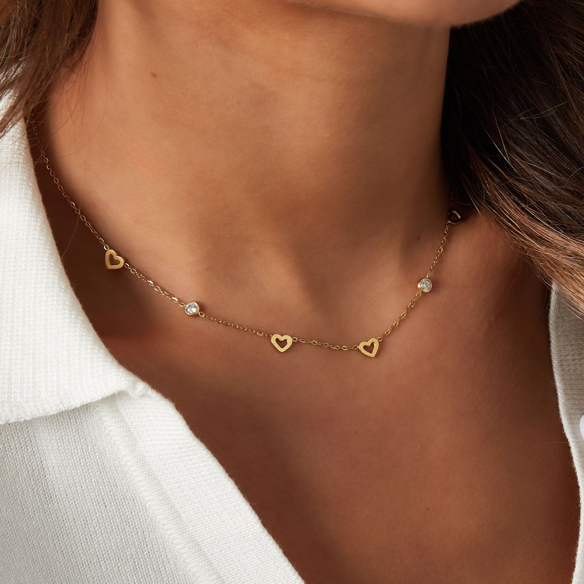 Collier avec breloques coeur et diamants - acier inoxydable Image