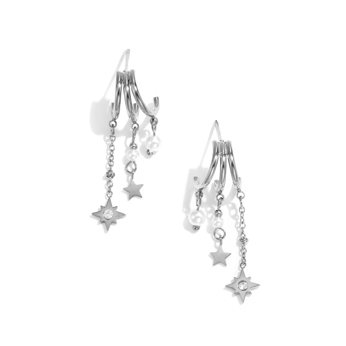 Boucles d'oreilles triples avec pendentifs en perle et en étoile