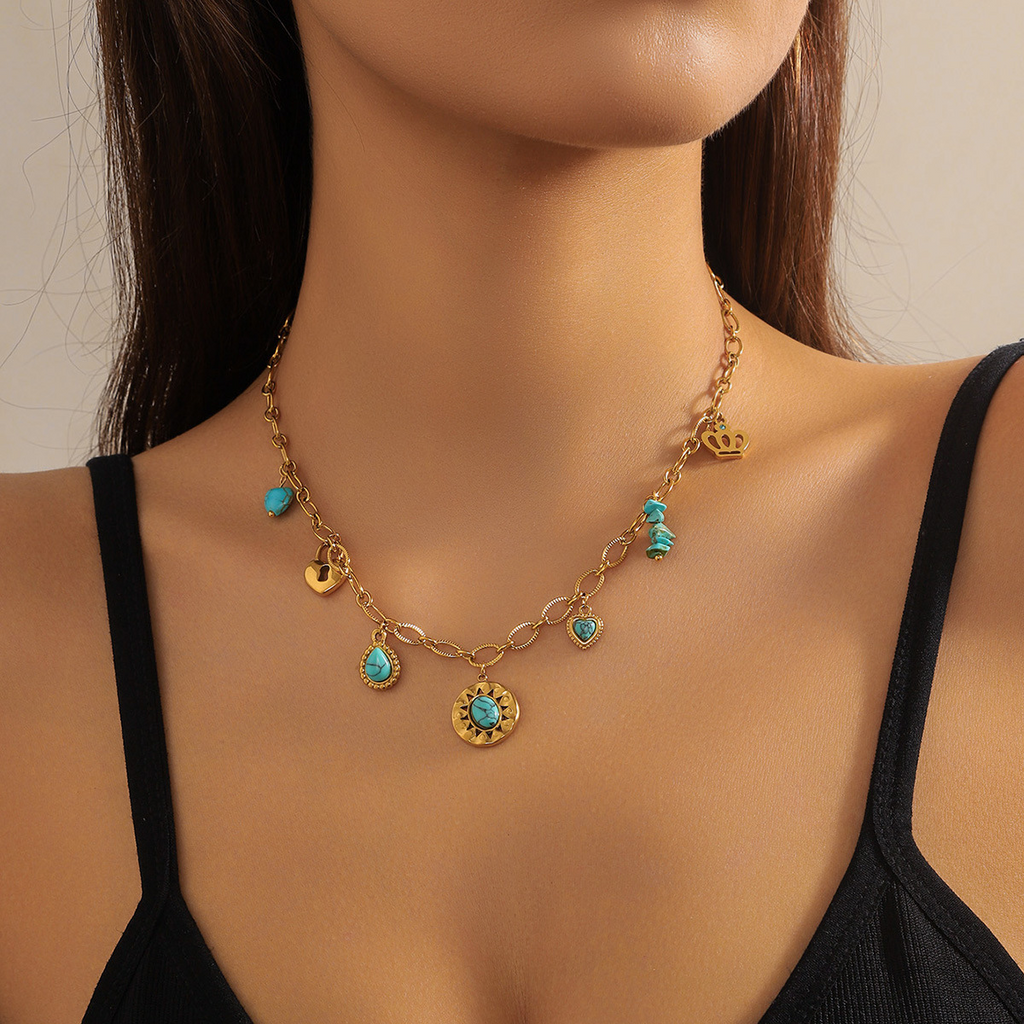 Collier pampilles dorées et turquoise