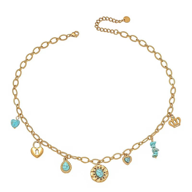 Collier pampilles dorées et turquoise