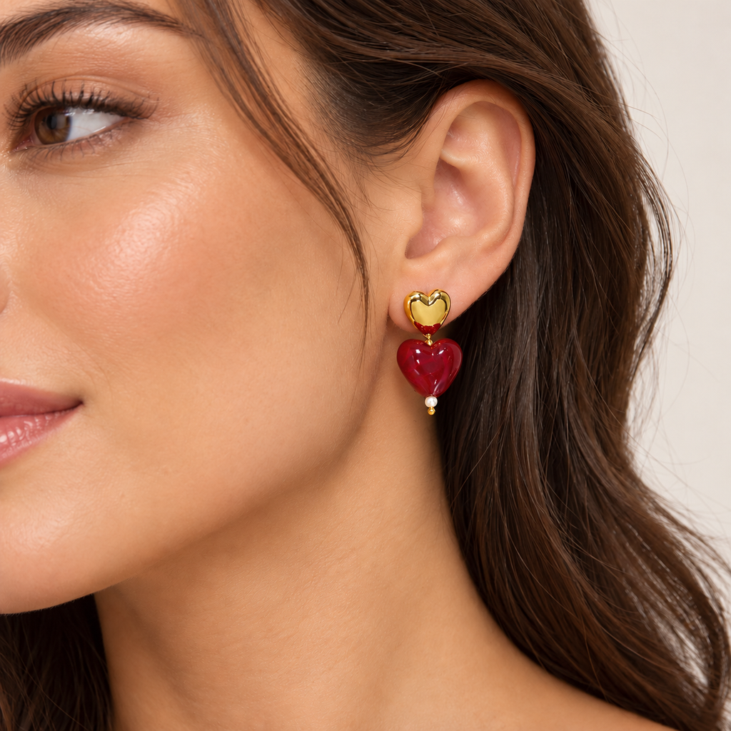 Boucles d’oreilles pendantes cœur doré et cœur marbré