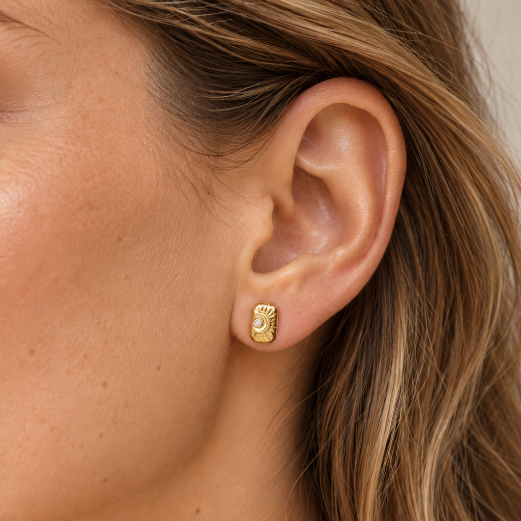 Boucles d’oreilles puces œil stylisé à strass décoratif