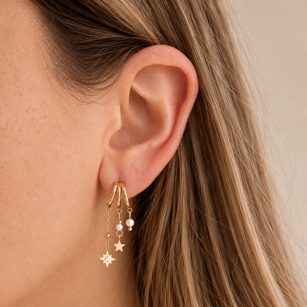 Boucles d’oreilles triple branche à étoiles et perles d’imitation