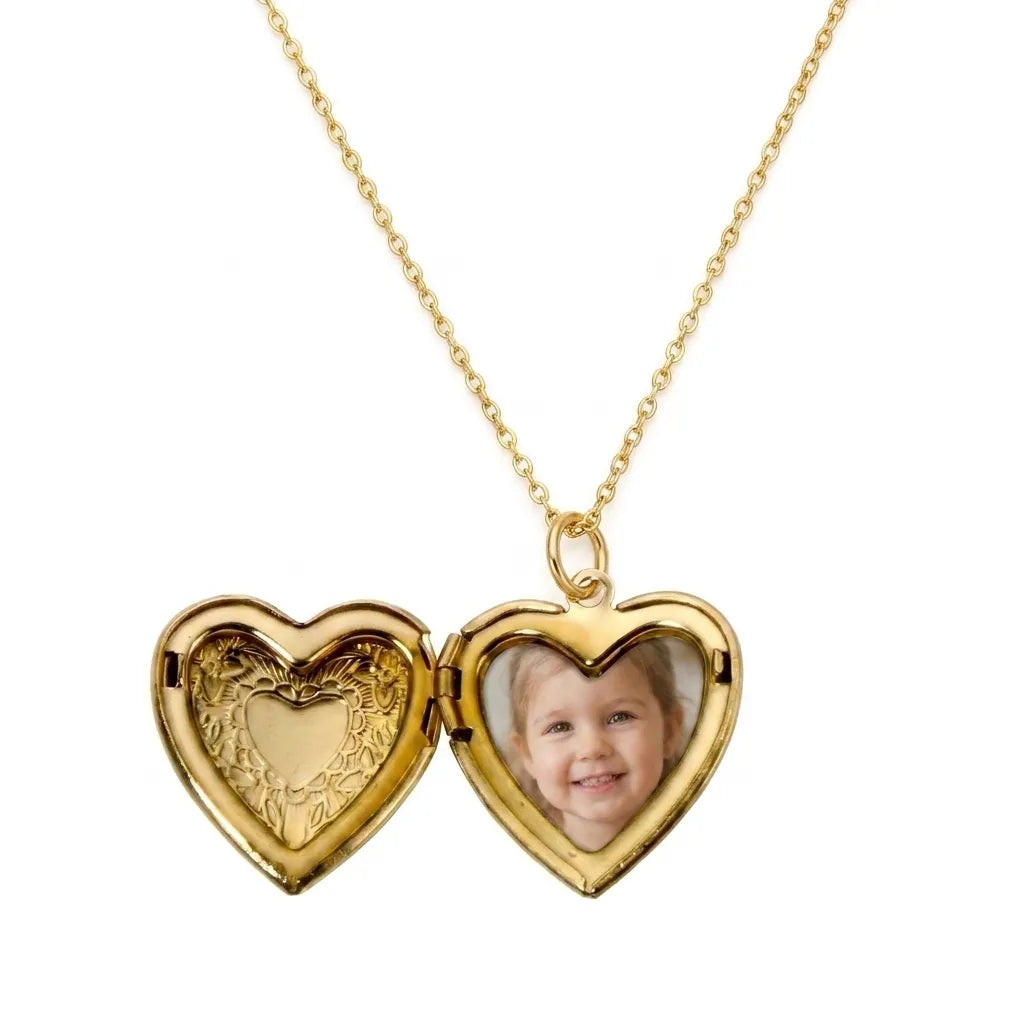 Collier médaillon photo cœur doré