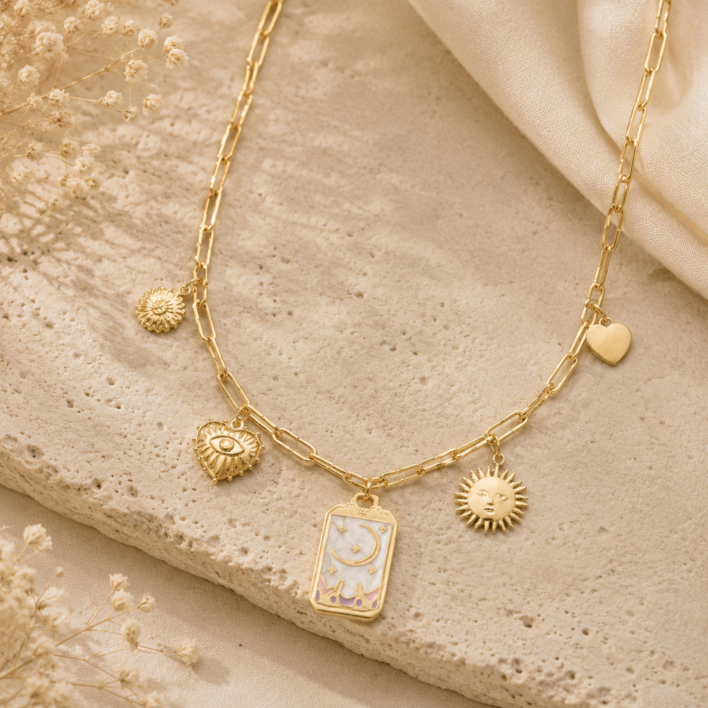 Collier charms lune soleil et carte émaillée