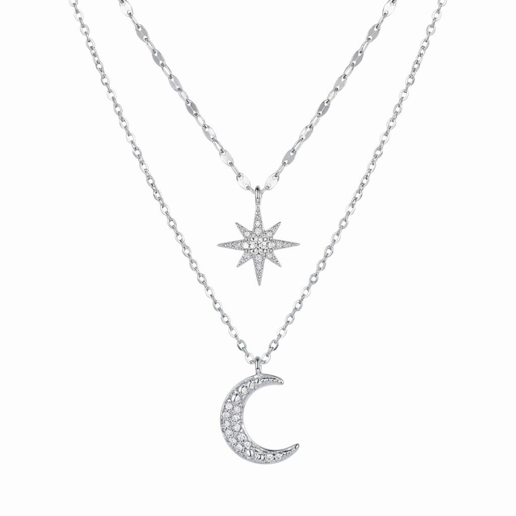 Collier double pendentif lune et étoile