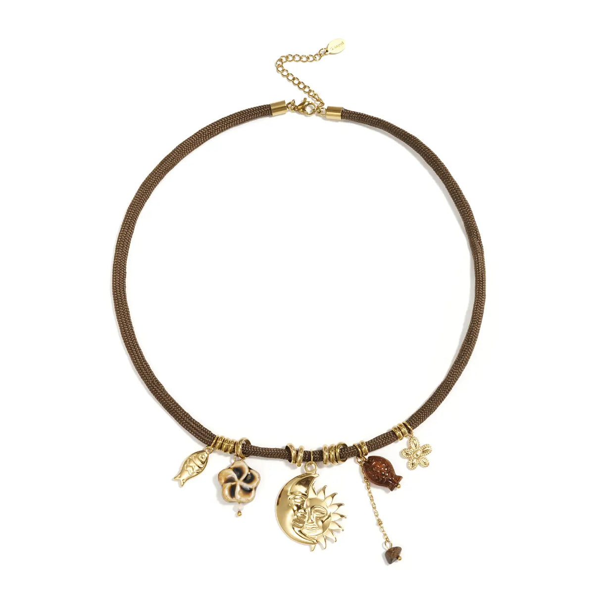 Collier cordon charms soleil lune brun foncé