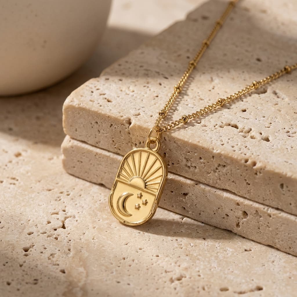 Collier pendentif soleil et lune doré