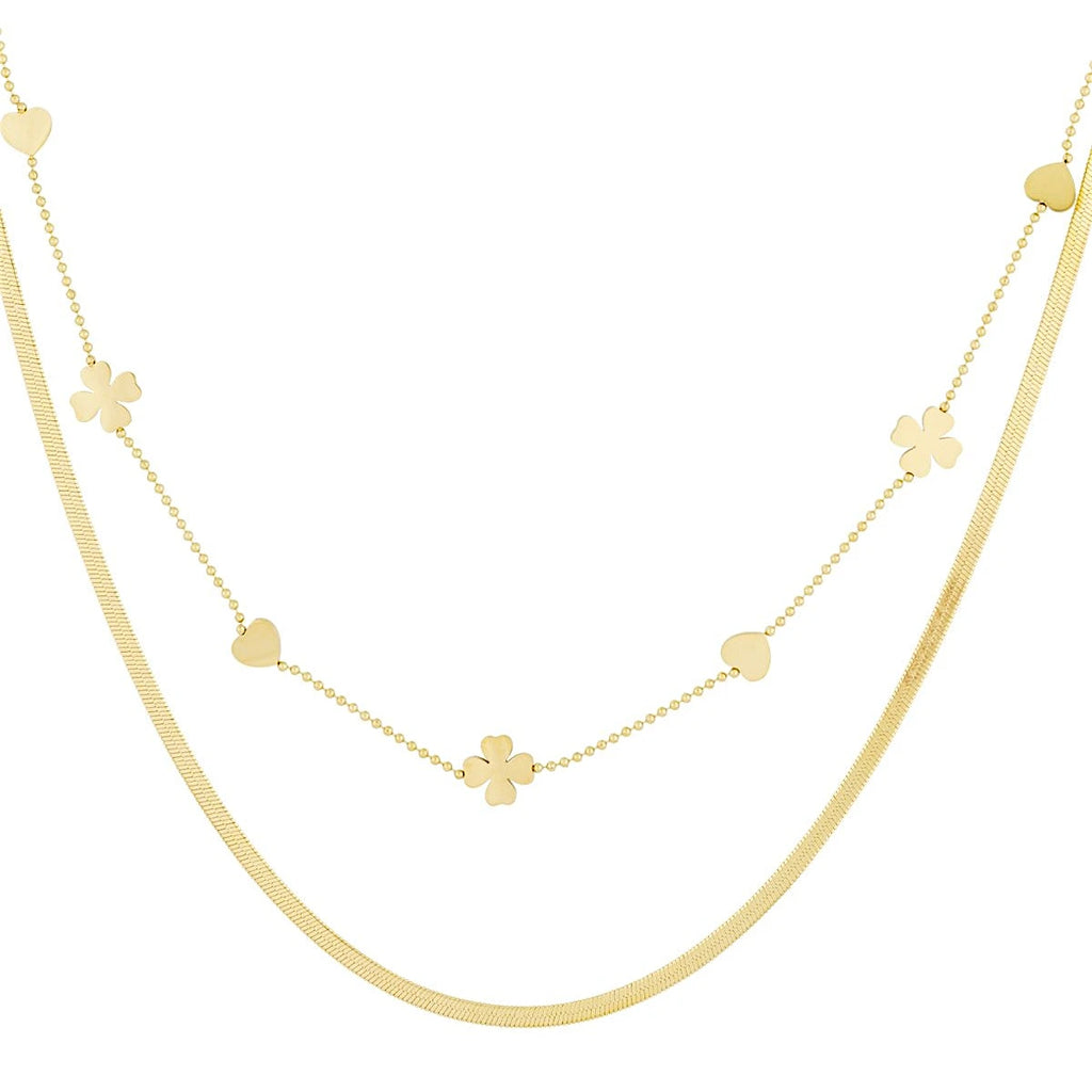 Collier double chaîne cœur et trèfle