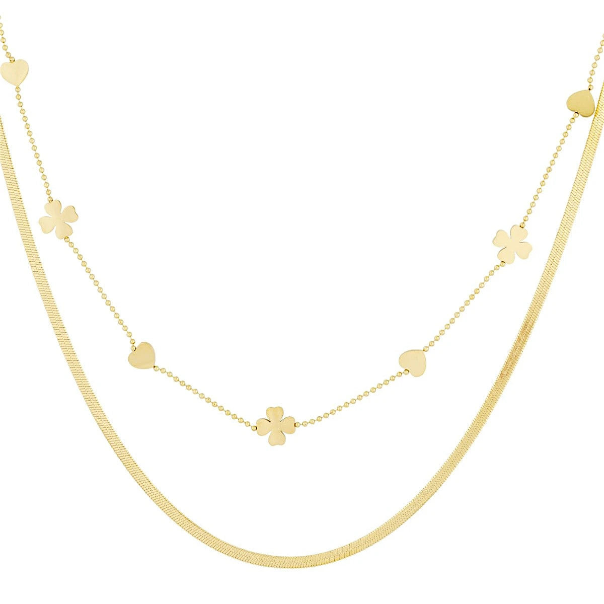 Collier double chaîne cœur et trèfle