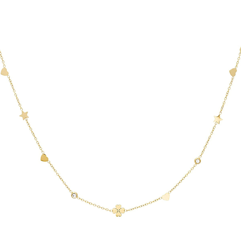 Collier charms doré trèfle, étoiles et cœurs