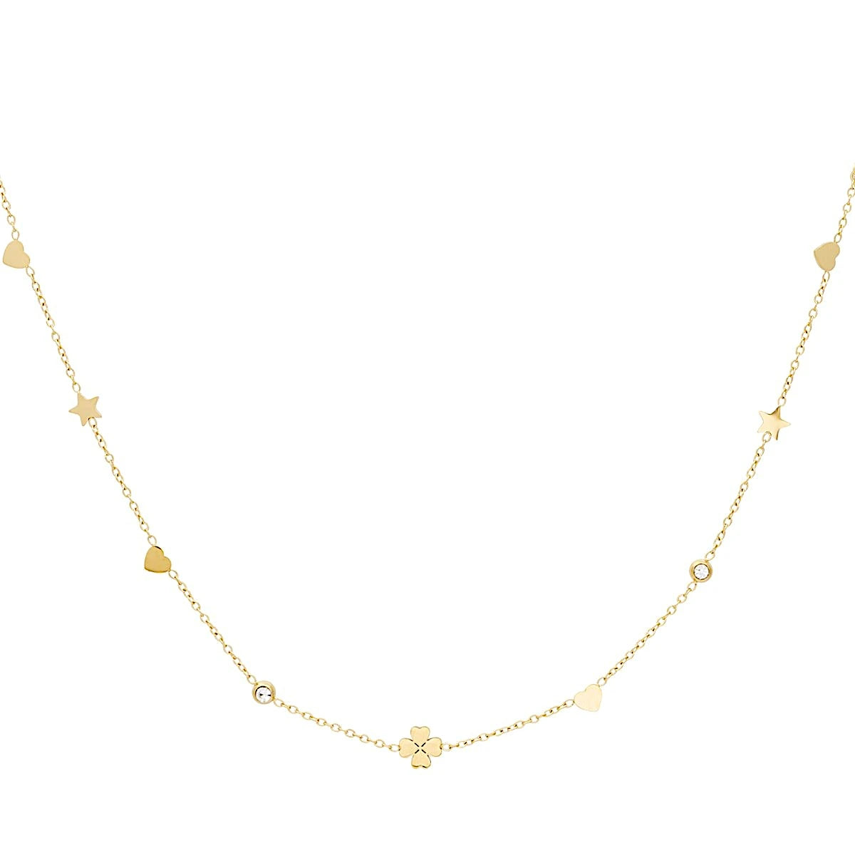 Collier charms doré trèfle, étoiles et cœurs