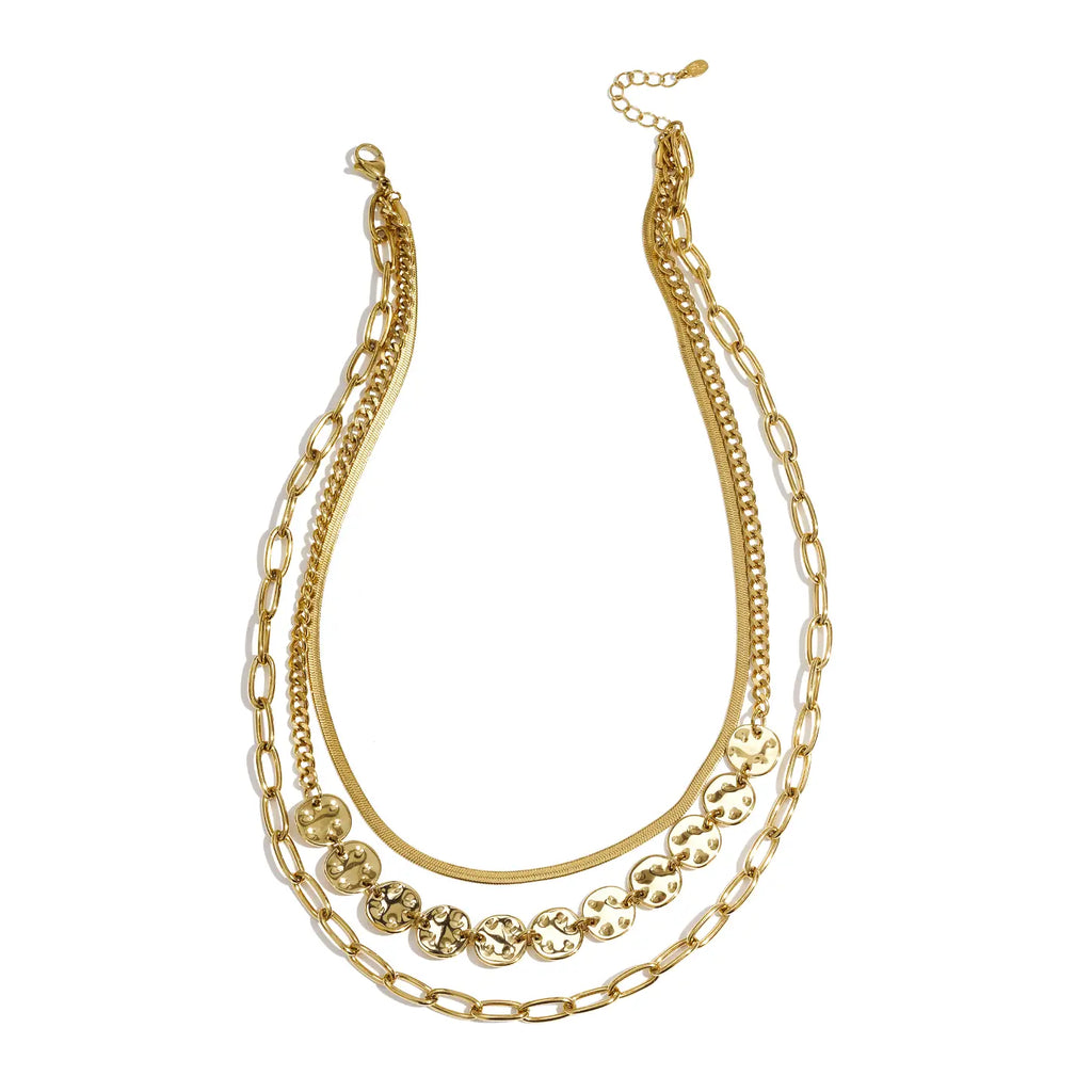 Collier triple chaîne doré avec disques texturés