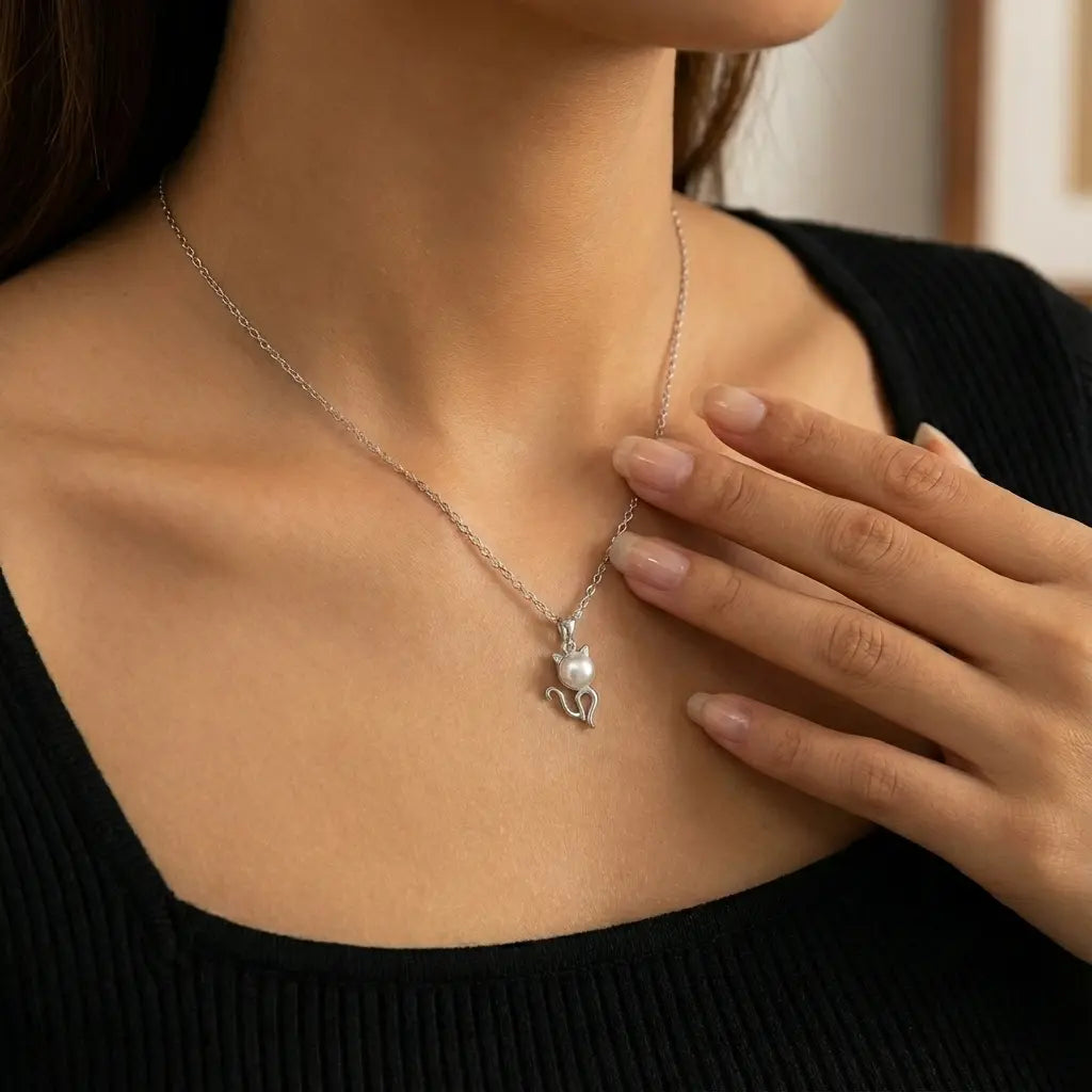 Collier avec pendentif chat perle