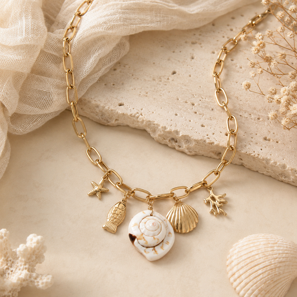 Collier breloques doré coquillage blanc