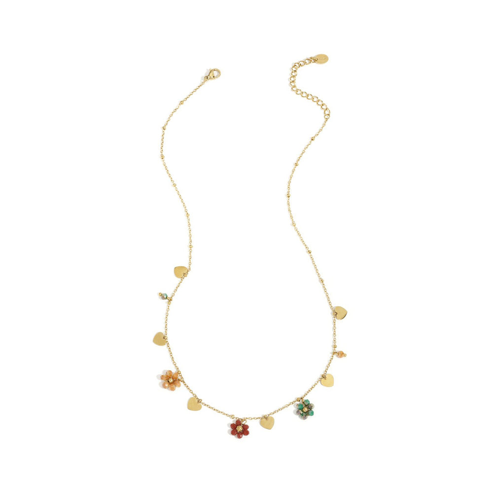 Collier charms fleurs colorées et cœurs