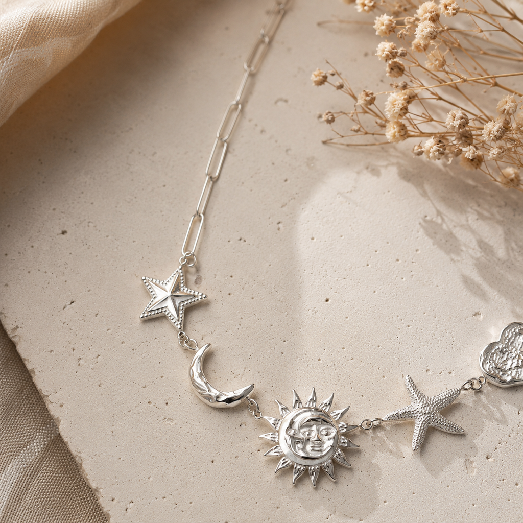 Collier charms soleil lune étoile argenté