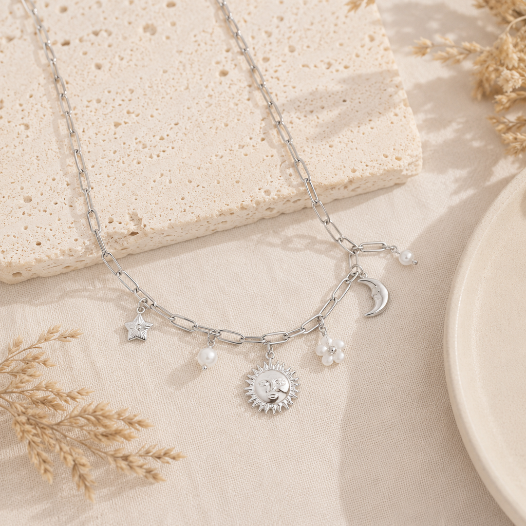 Collier charms soleil lune étoiles