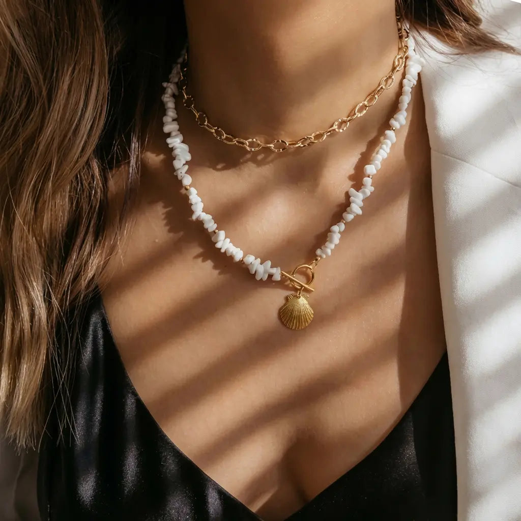 Collier coquillage blanc et or