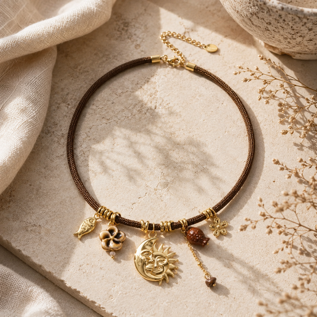Collier cordon charms soleil lune brun foncé 