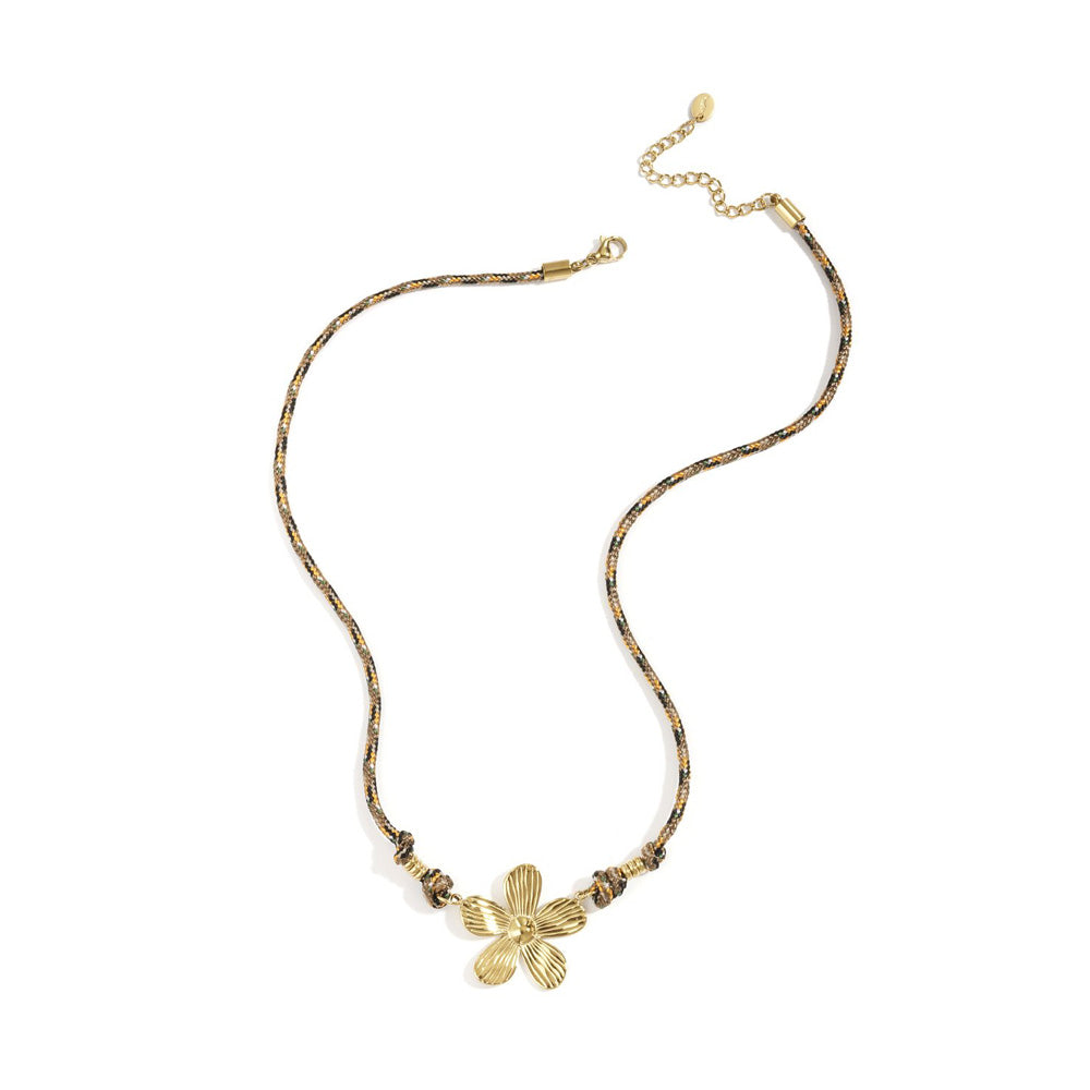 Collier cordon fleur brun café