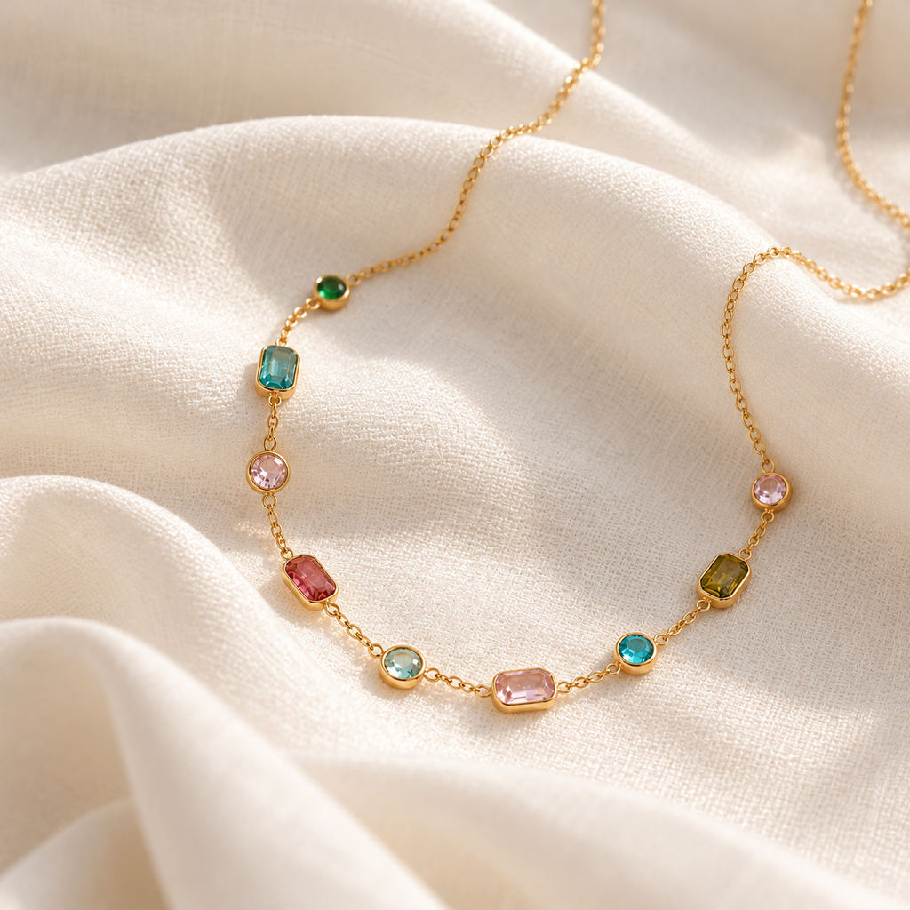 Collier Doré à Strass Décoratifs Ronds et Rectangulaires