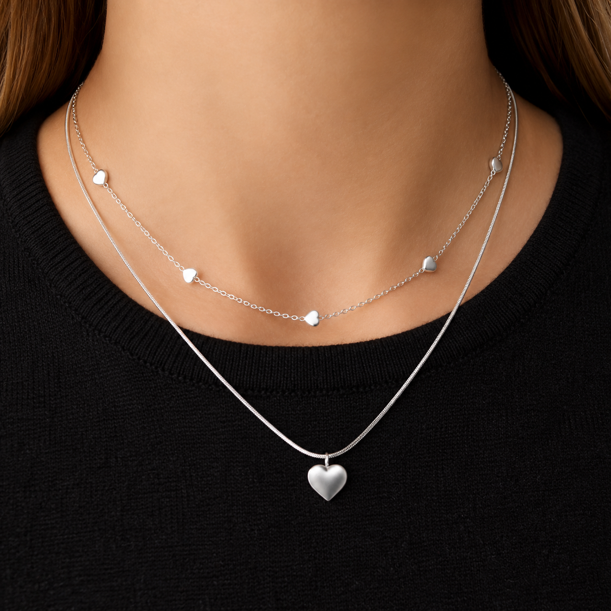 Collier double chaîne cœurs multiples argenté