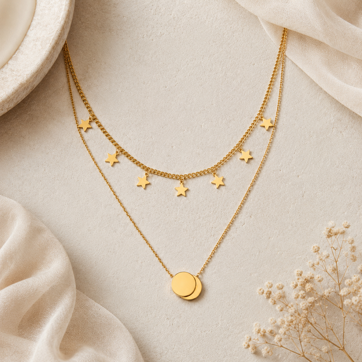 Collier double rang étoiles et lune