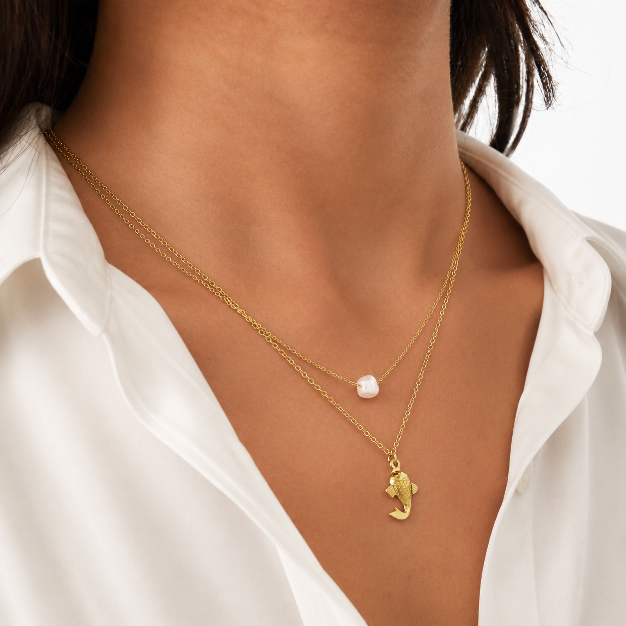 Collier double rang poisson et perle d’imitation effet nacré Image