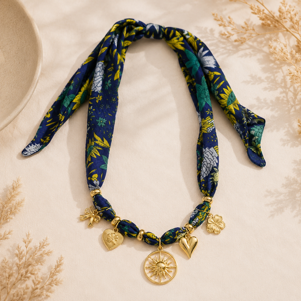 Collier foulard pendentifs soleil et cœur bleu