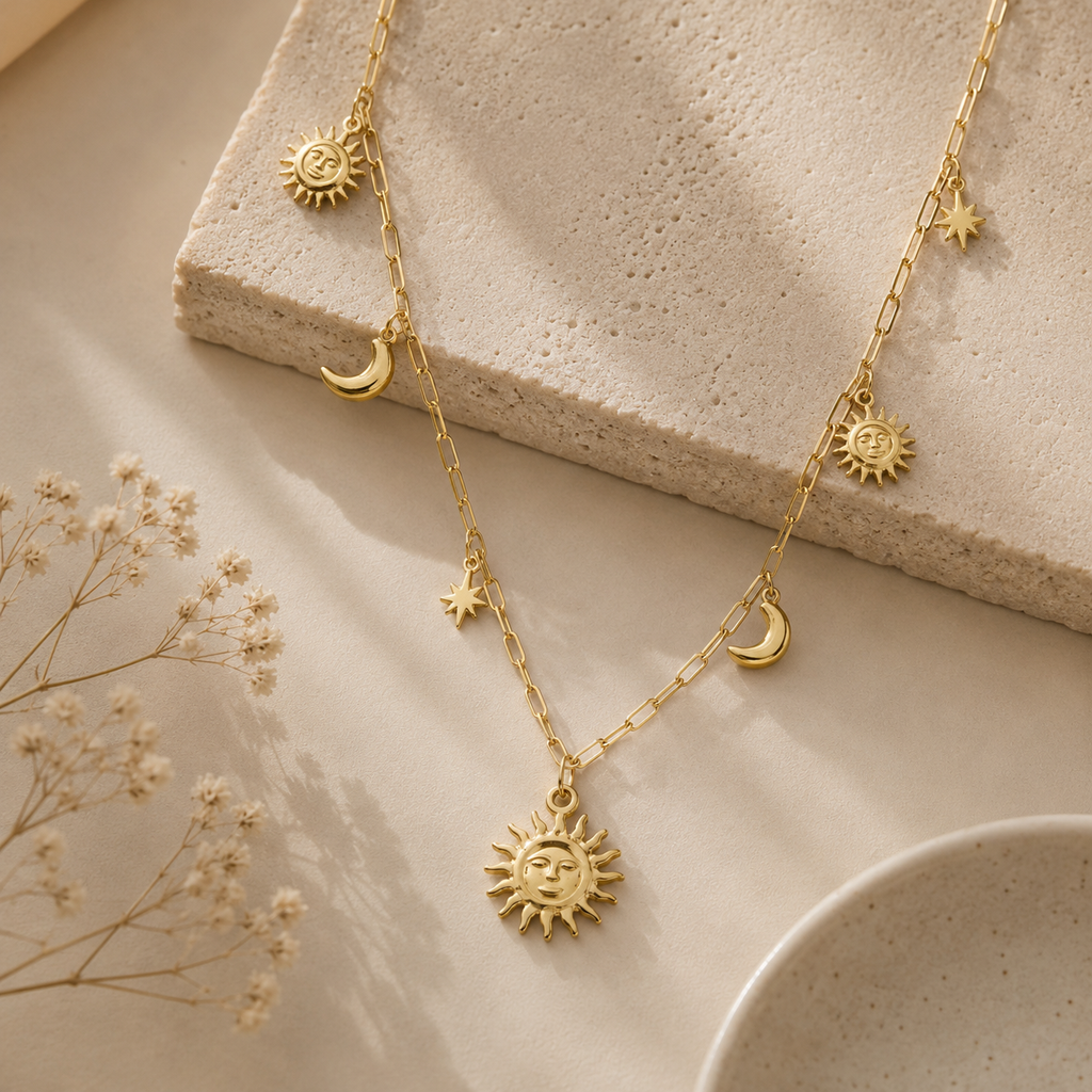 Collier long soleil lune étoile doré
