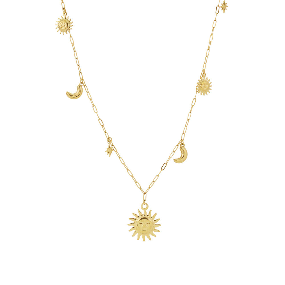 Collier long soleil lune étoile doré