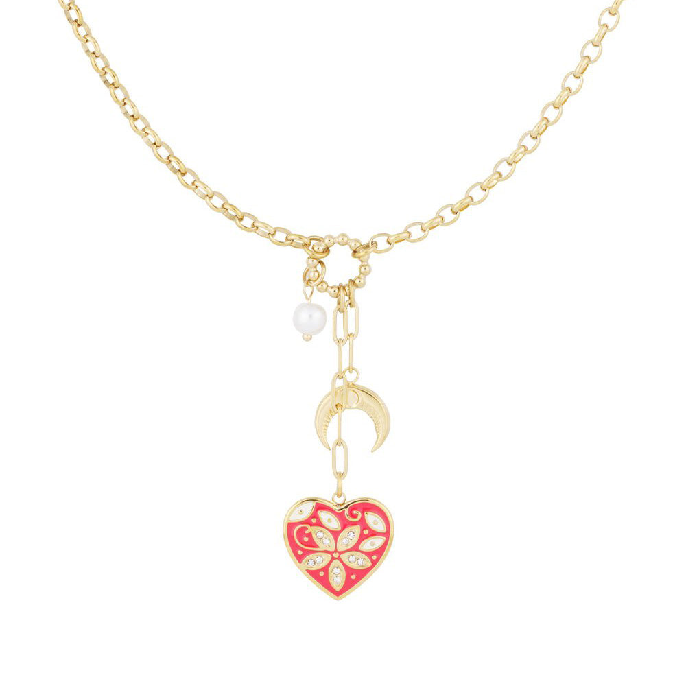Collier pendentif cœur émaillé et lune doré
