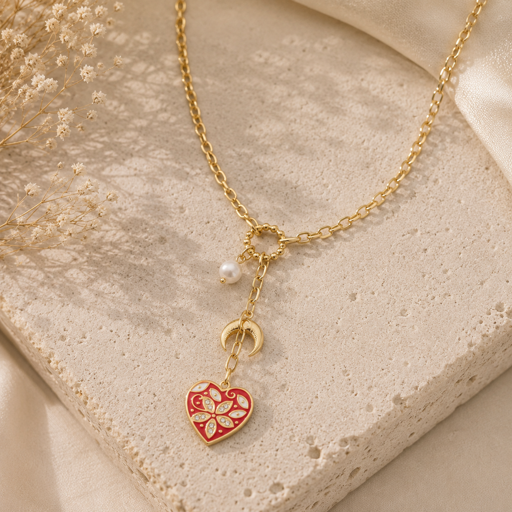 Collier pendentif cœur émaillé et lune doré