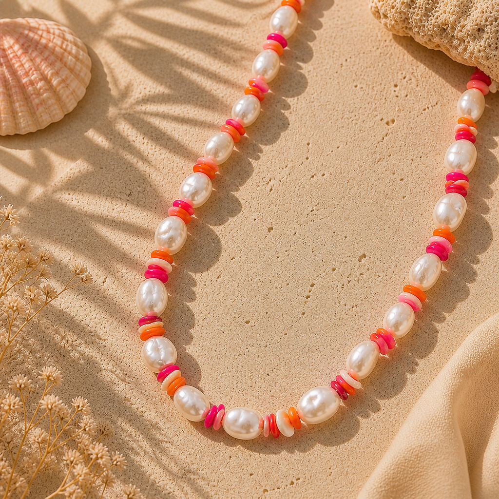 Collier perles d'imitation et éléments colorés