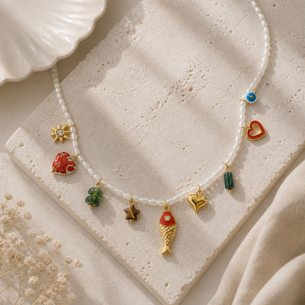 Collier perles d'imitation multi-breloques poisson émail