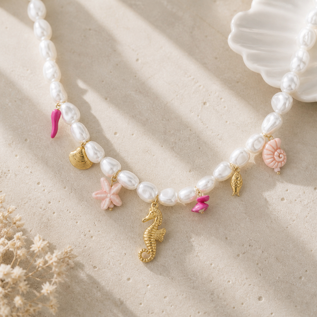 Collier perles d'imitation multi-breloques marines hippocampe