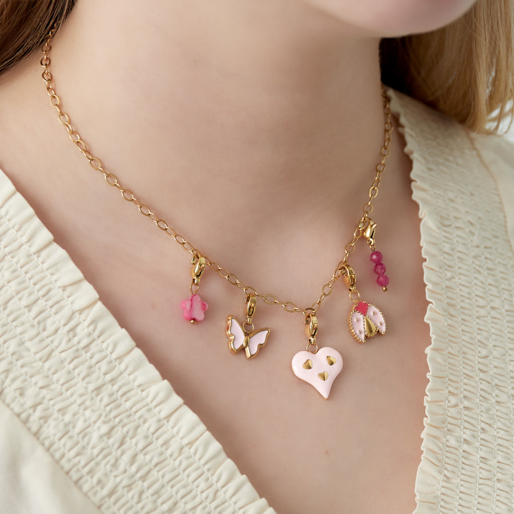 Collier personnalisable à pampilles coccinelle, papillon et cœur rose