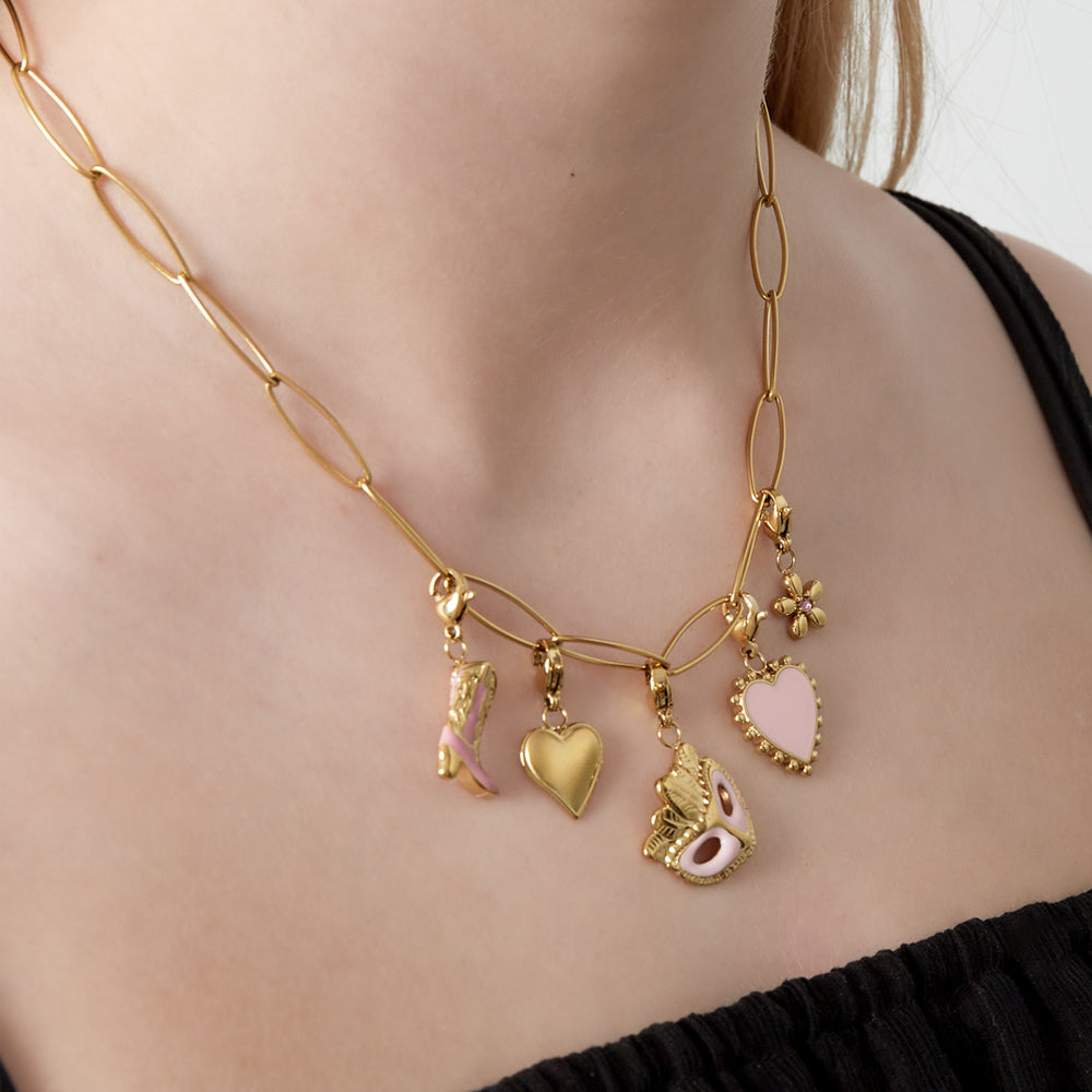 Collier personnalisable charms cœur rose et masque doré
