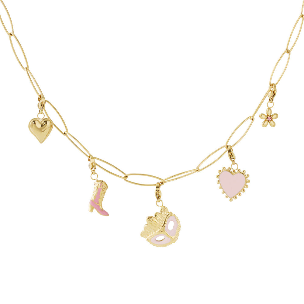 Collier personnalisable charms cœur rose et masque doré
