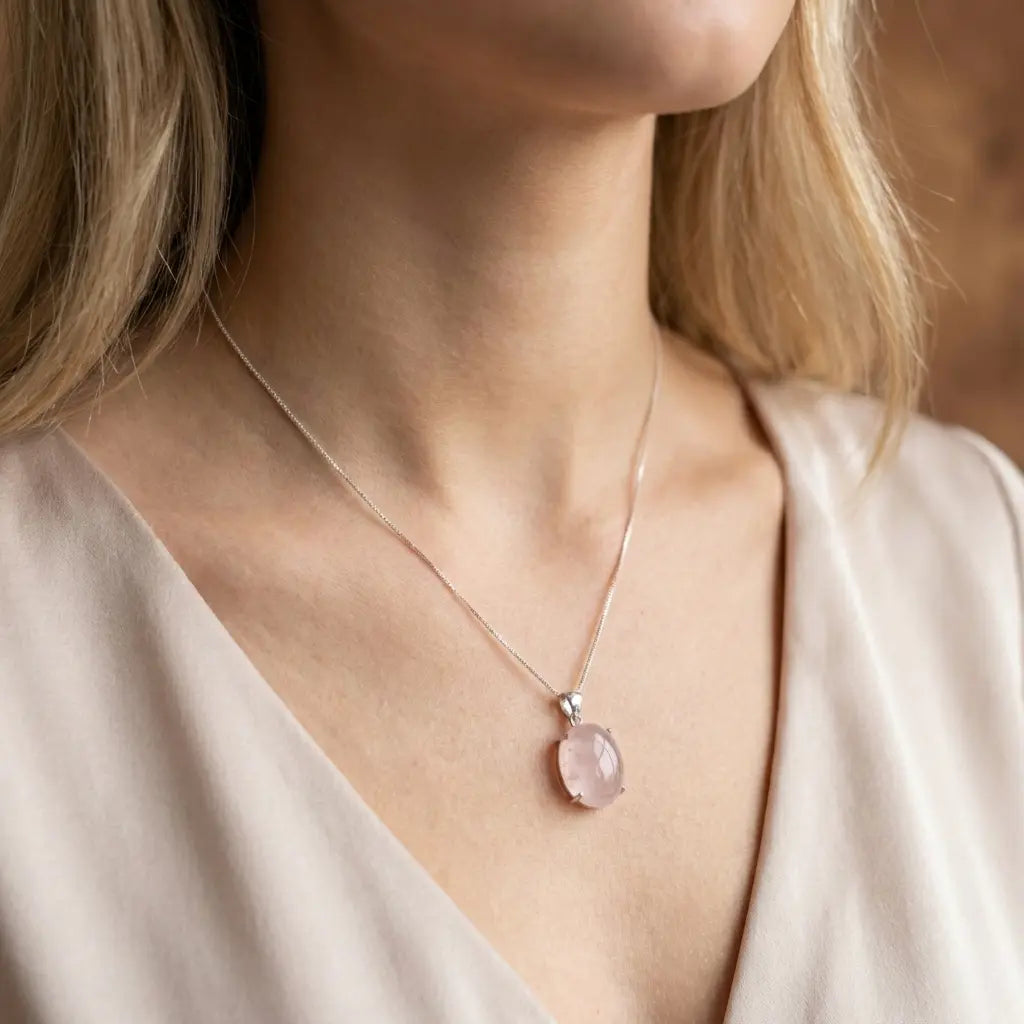 Collier quartz rose argent pierre