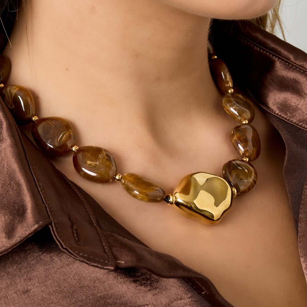 Collier grosse perles d'imitation plates acrylique marbrées