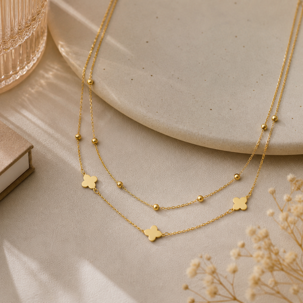 Collier trèfles et boules double chaîne
